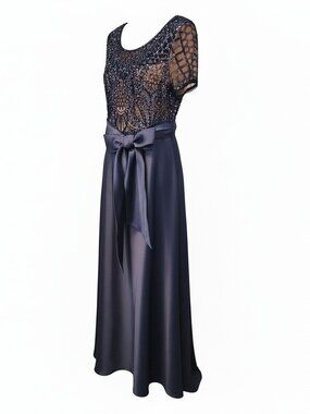 Satin and Lace Navy Blue Full-length Gown by R&M Richards - NWT/Size 12